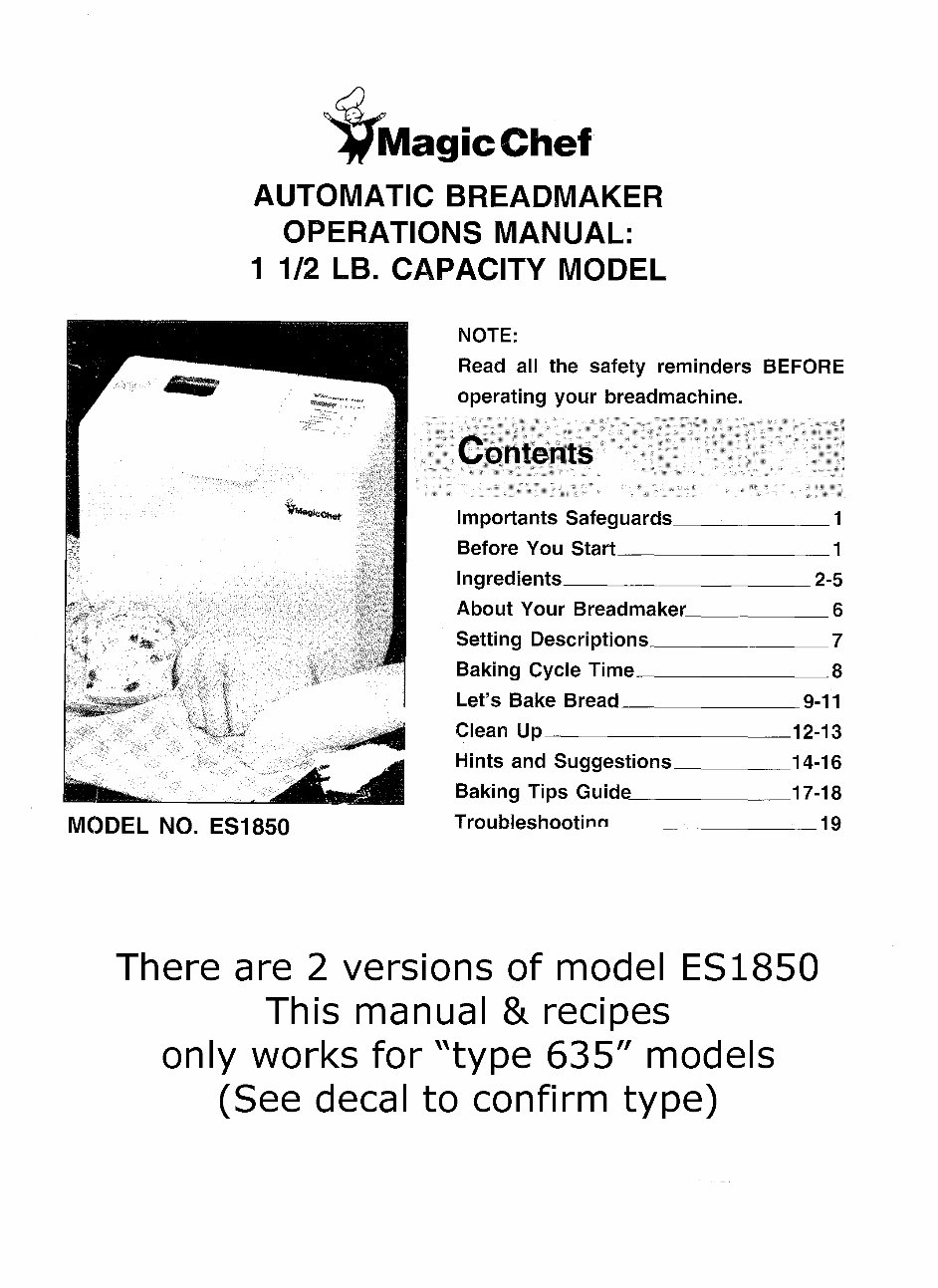 Magic Chef Breadmaker Parts Model ES1850 Type 635 Instruction Manual Recipes ES 1850