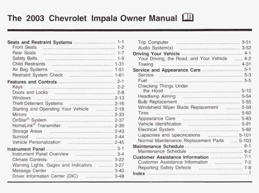2003 CHEVY / CHEVROLET Impala Owners Manual Manuals Online