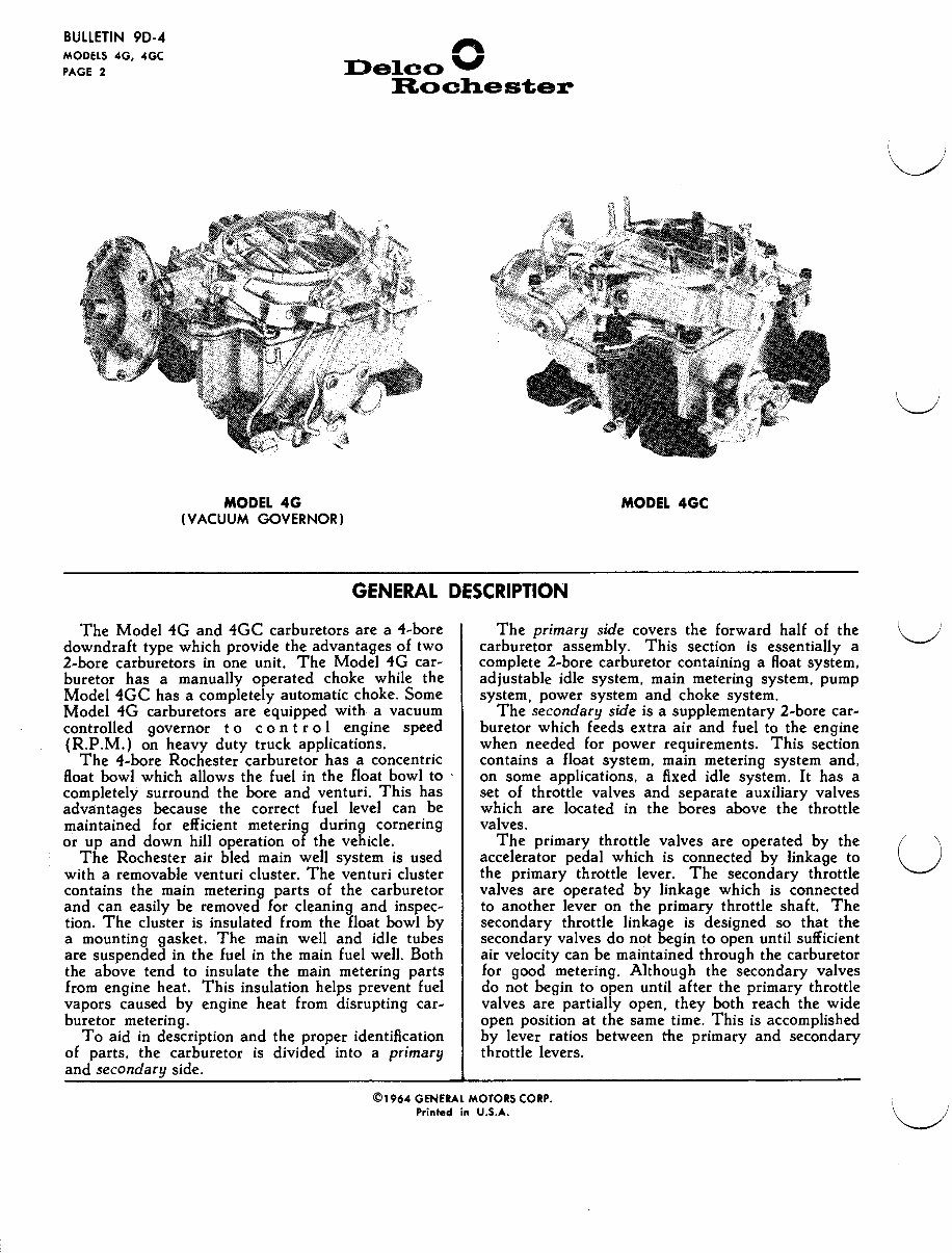 DELCO ROCHESTER Model 4G, 4GC Carburetor Service / Repair Manual