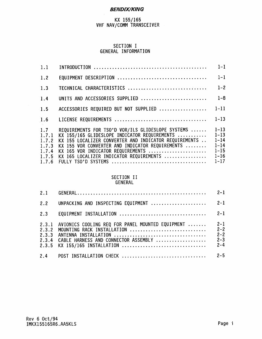 King Bendix KX155 install manual, KX165 VHF