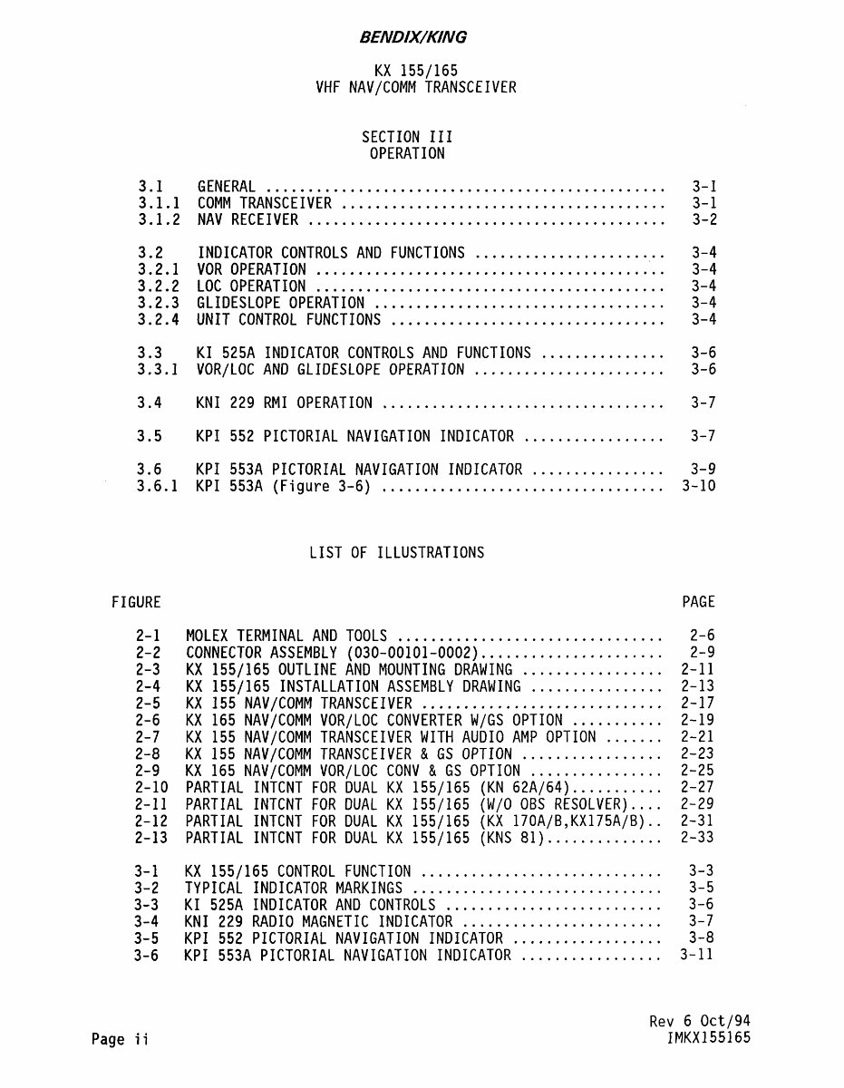 King Bendix KX155 install manual, KX165 VHF