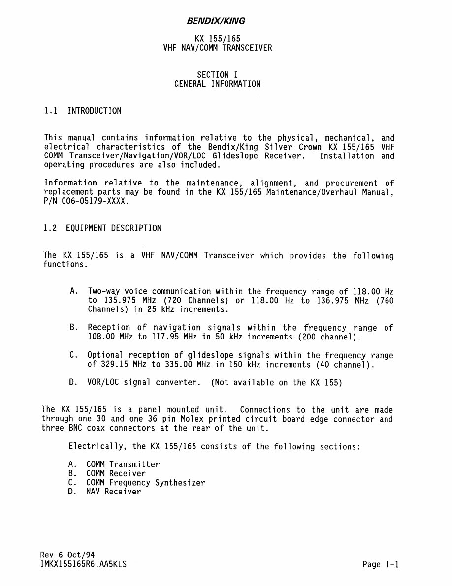 King Bendix KX155 install manual, KX165 VHF