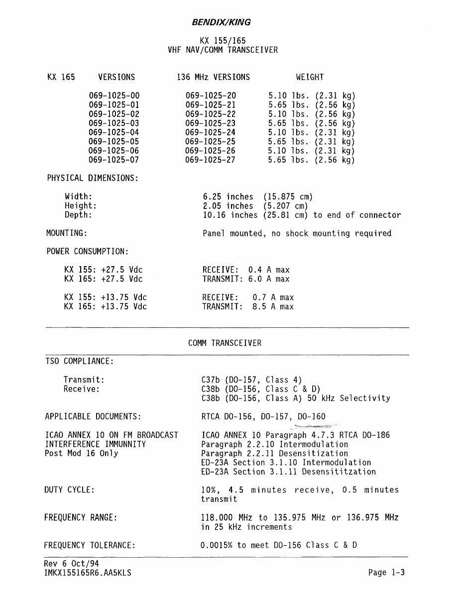 King Bendix KX155 install manual, KX165 VHF