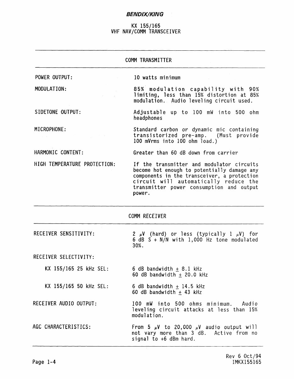 King Bendix KX155 install manual, KX165 VHF