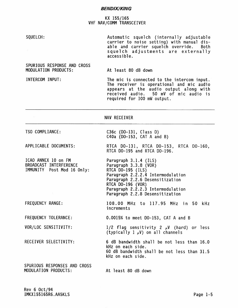 King Bendix KX155 install manual, KX165 VHF