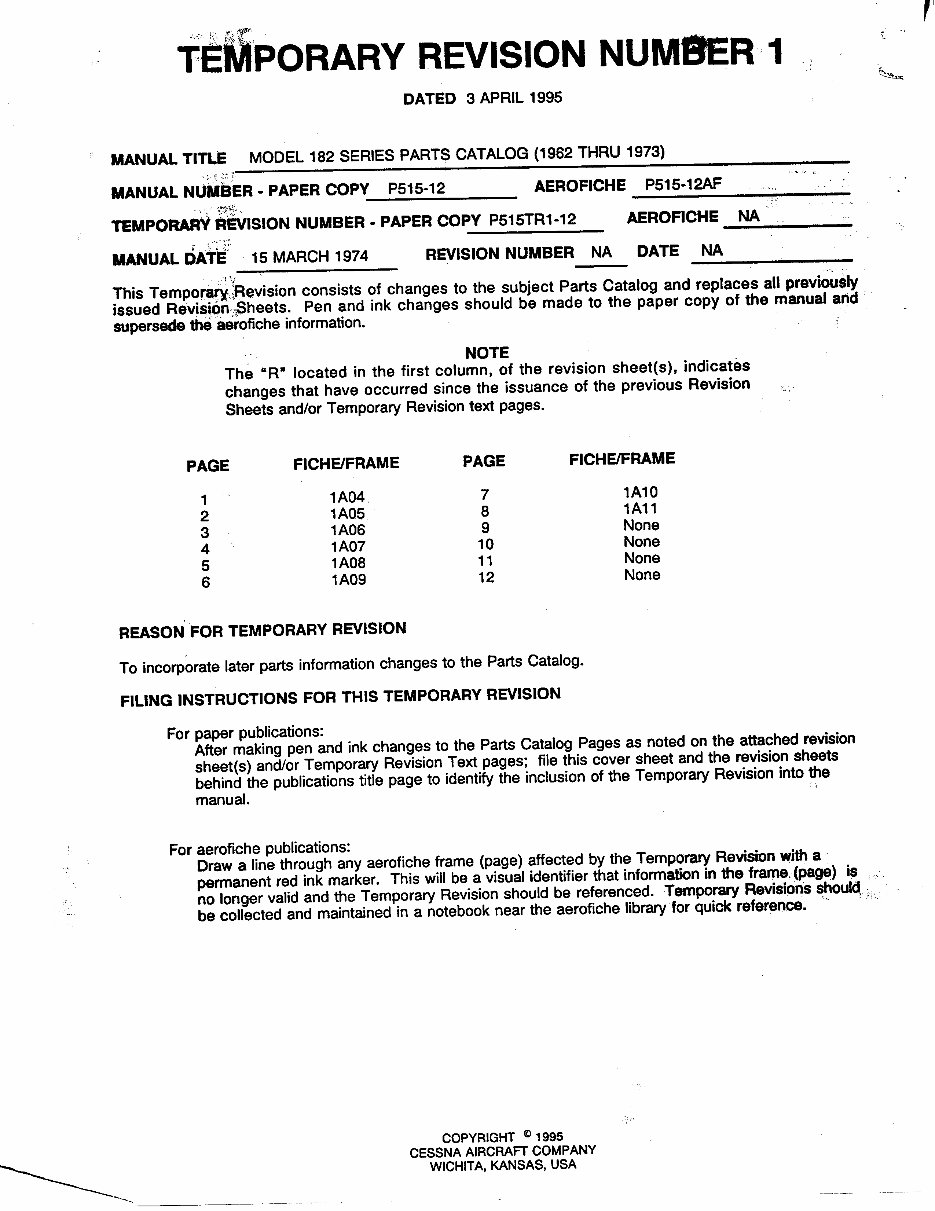 CESSNA 182 Series Parts Manual Catalog 19621973