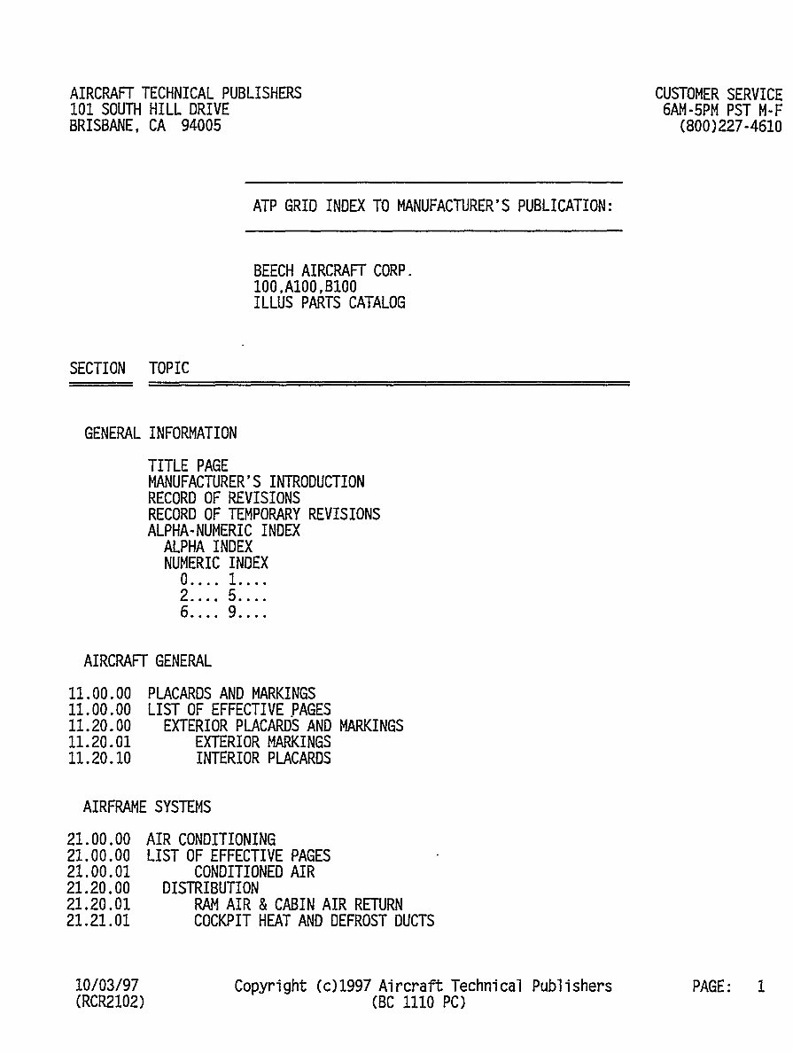 Beechcraft King Air 100 Illustrated Parts Catalog Manual