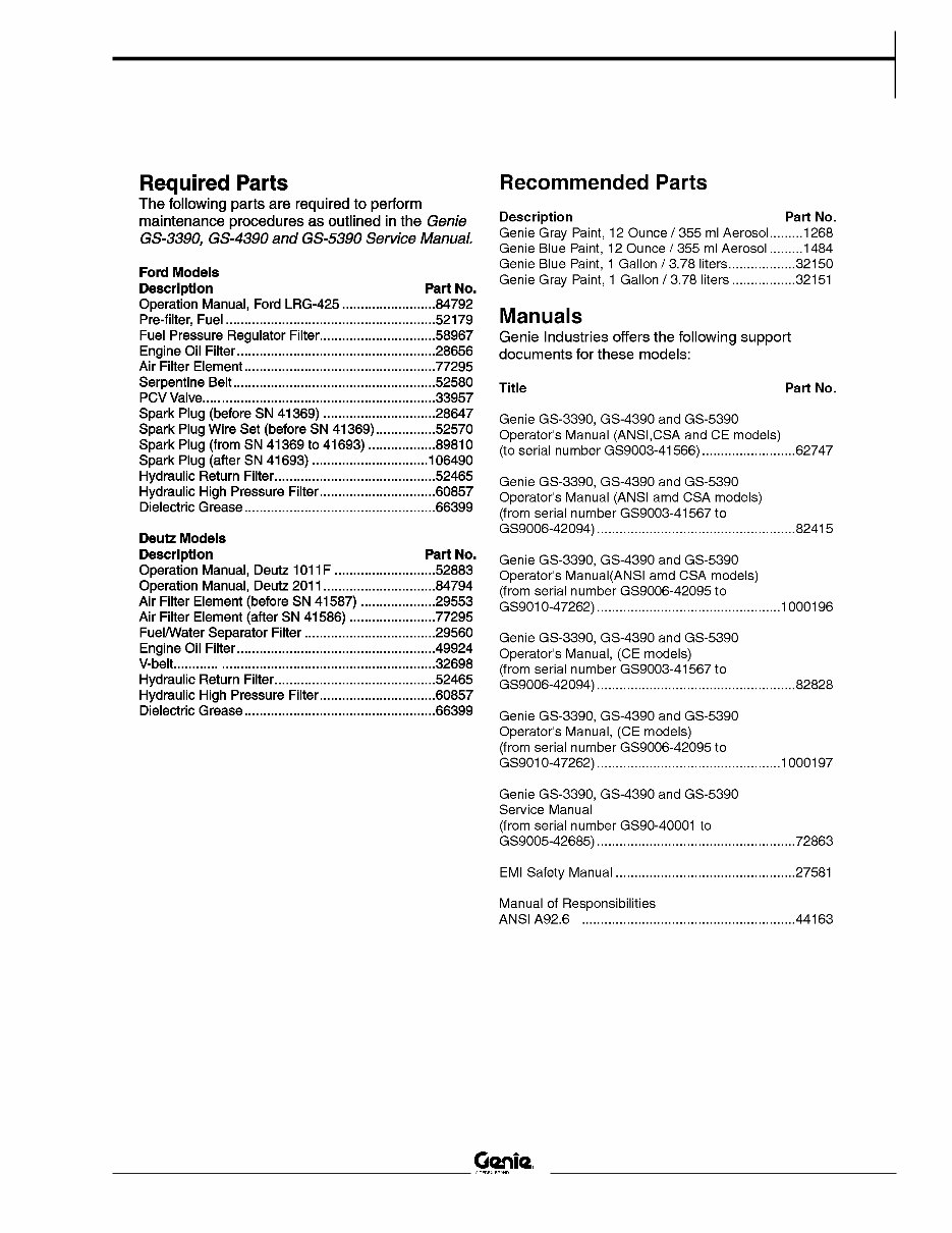 Genie Part Manual GS3390 GS4390 GS5390 SN 40001 to 42685