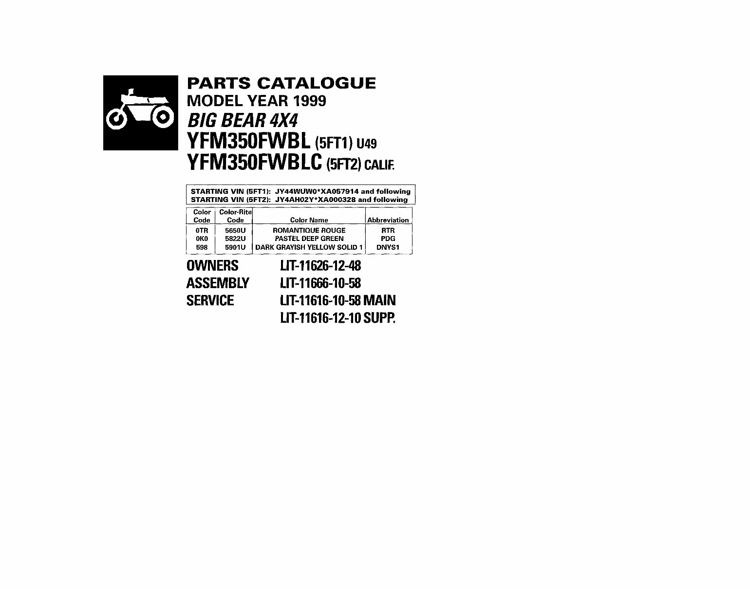 YAMAHA BIG BEAR 4X4YFM350 Parts Manual Catalog 1999