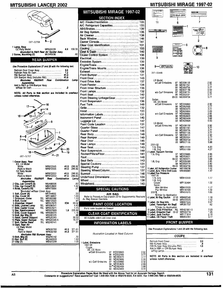 MITSUBISHI MIRAGE Parts Manual Catalog 1997-2002