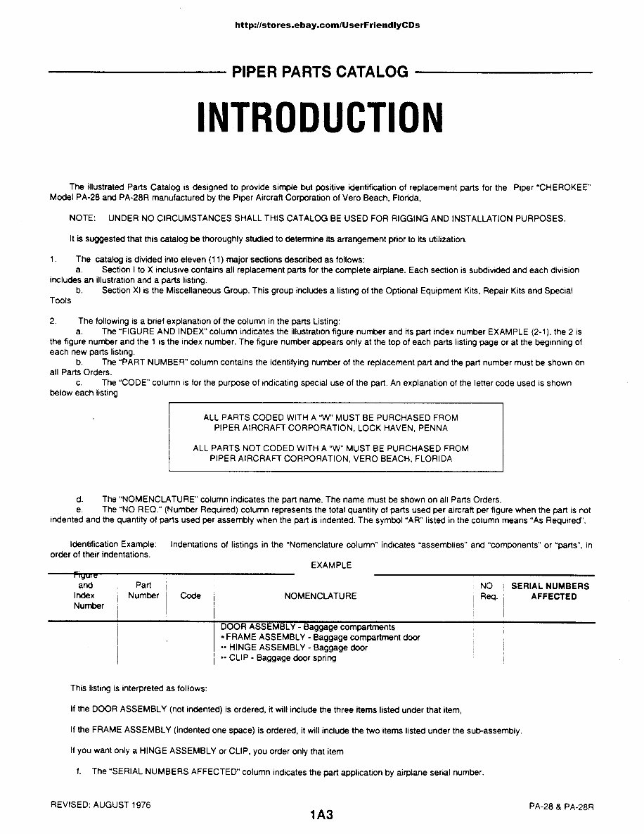 PIPER CHEROKEE PA28 PA28R Parts Catalog Manual