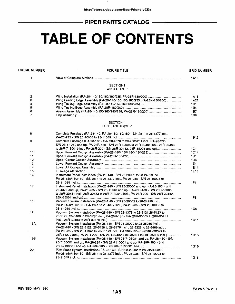 PIPER CHEROKEE PA28 PA28R Parts Catalog Manual