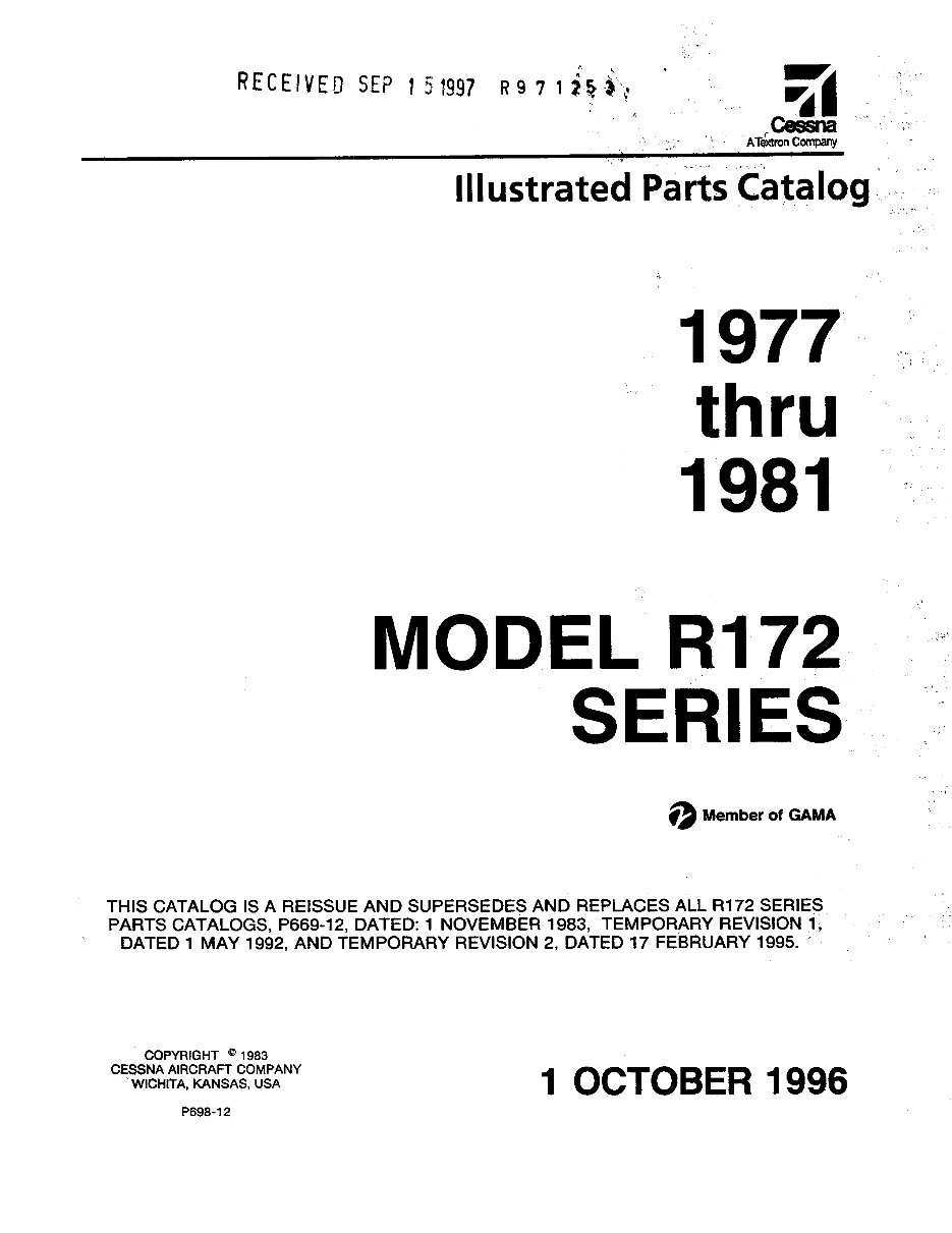 Cessna 172 Parts Catalog Manual 197781 Cessna 172 Parts Book
