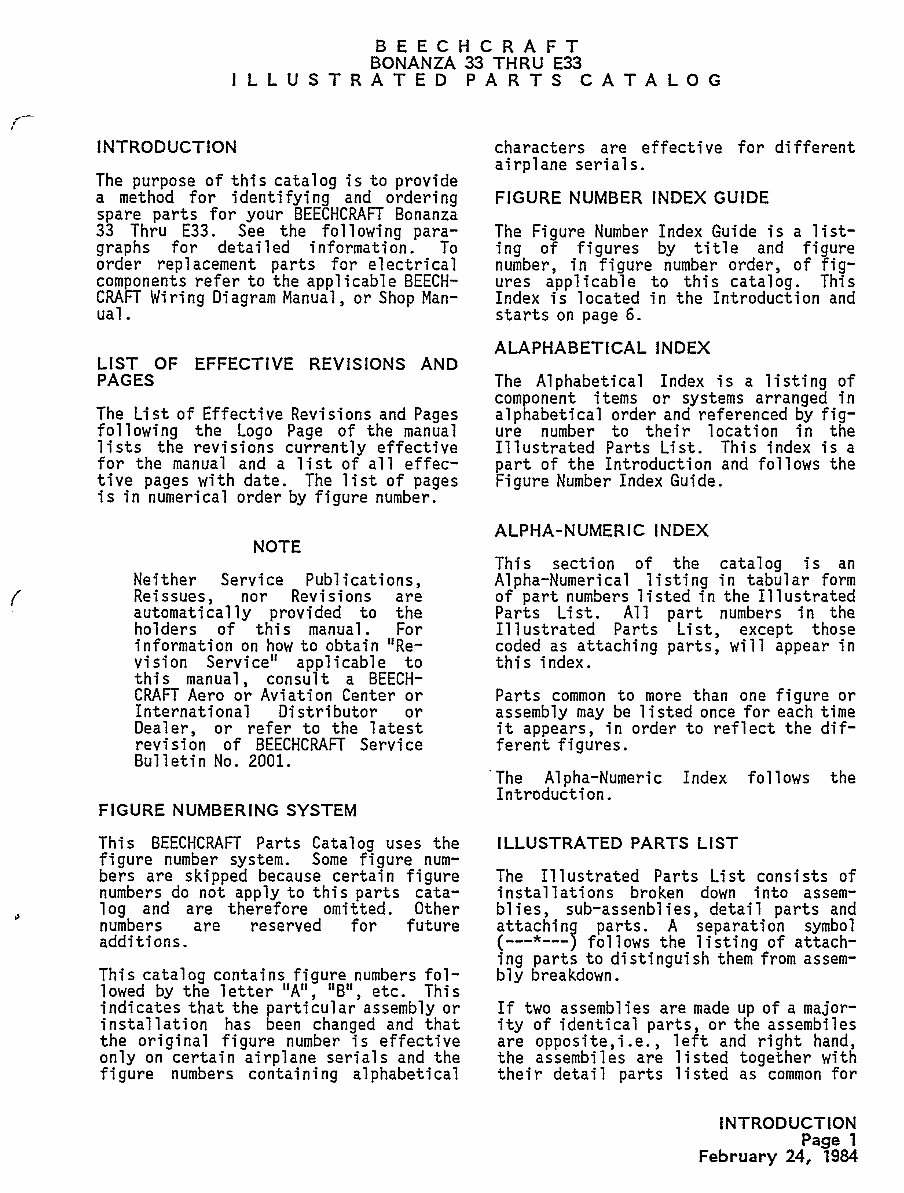 BEECHCRAFT Debonair & BONANZA 33 Series IPC Parts Catalog Parts Manual