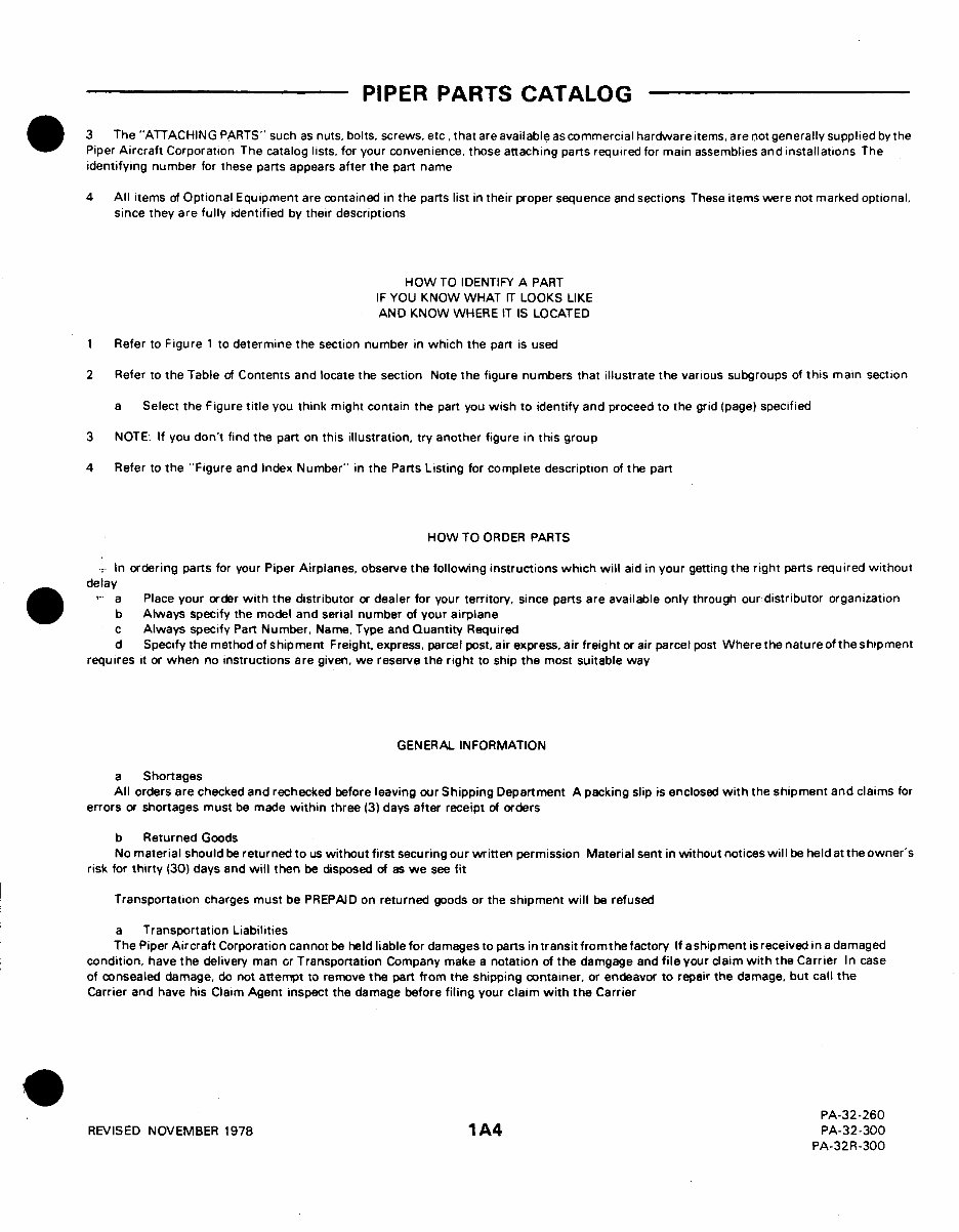 Piper PA32260 PA32300 PA32R300 Cherokee Six Lance Parts Catalog