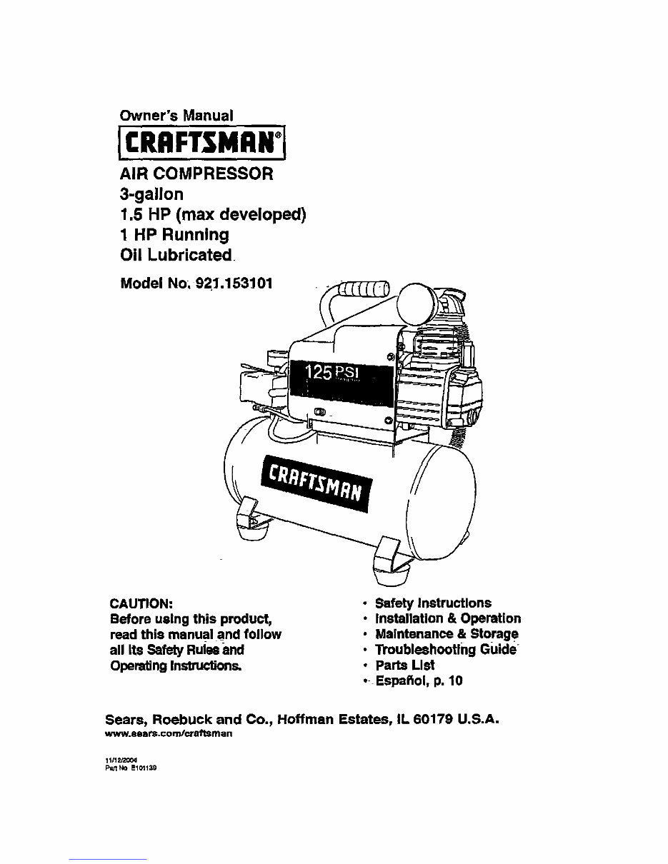 Craftsman air deals compressor model 921.153101