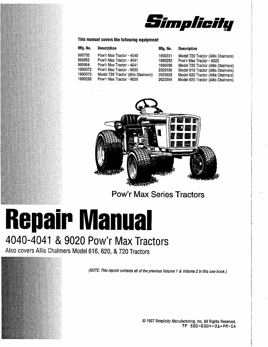 Simplicity 4040,4041,9020 Power Max Tractor Service Repair Manual