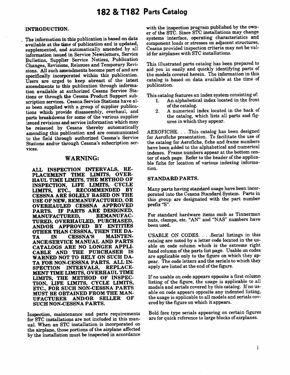 Cessna 182 Parts Catalog Manual 197486 Cessna 182 Skylane Parts Book