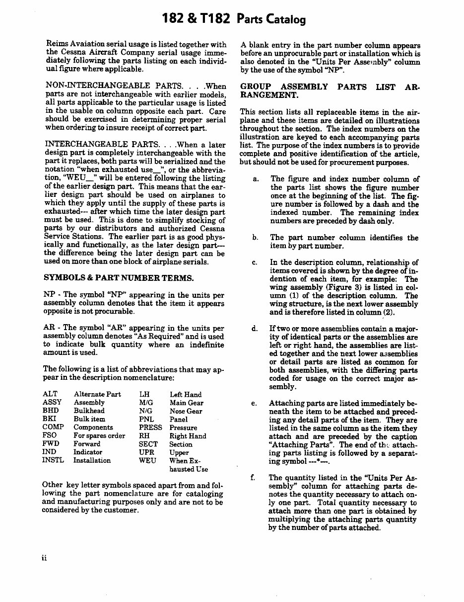 Cessna 182 Parts Catalog Manual 197486 Cessna 182 Skylane Parts Book