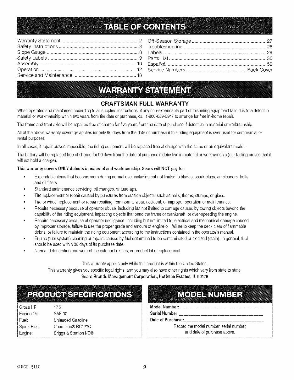 Craftsman 17.5HP Lawn Tractor Owners Manual preview img 2