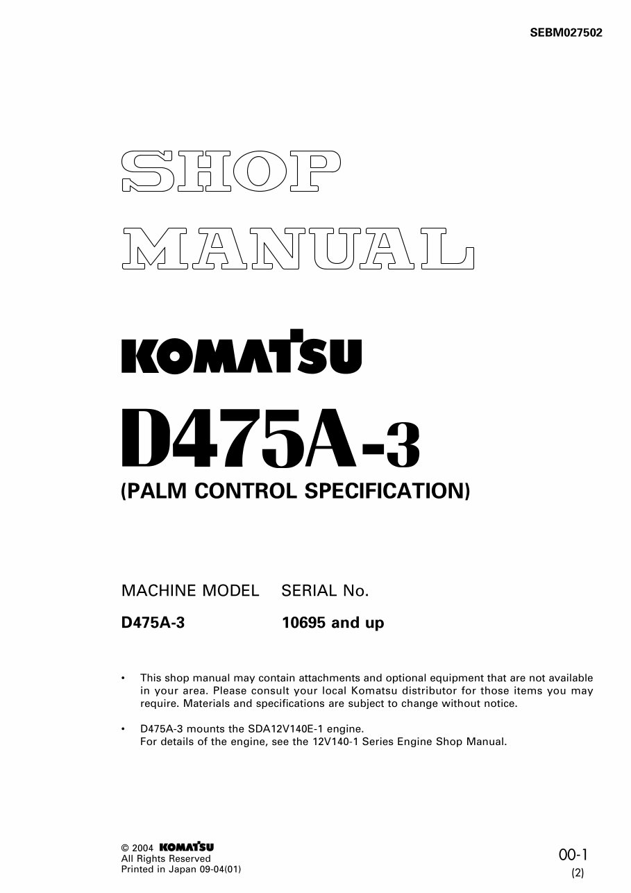 KOMATSU D475A-3 BULLDOZER Service Repair Manual + Field ASSEMBLY Manual + Operation & Maintenance Manual preview img 1