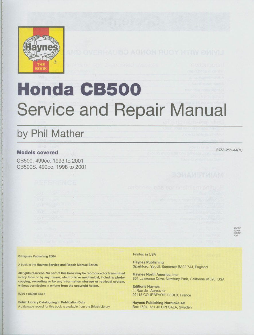 HONDA CB500 CB500S Workshop Repair Manual All 1994-2001 Models Covered