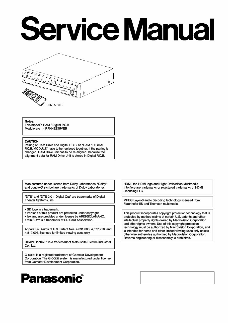 Panasonic Dmr Ez V Ez Veb Service Manual And Repair Guide