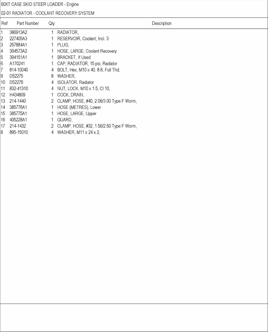 Case Model 60XT Skid Steer Loader Parts Catalog