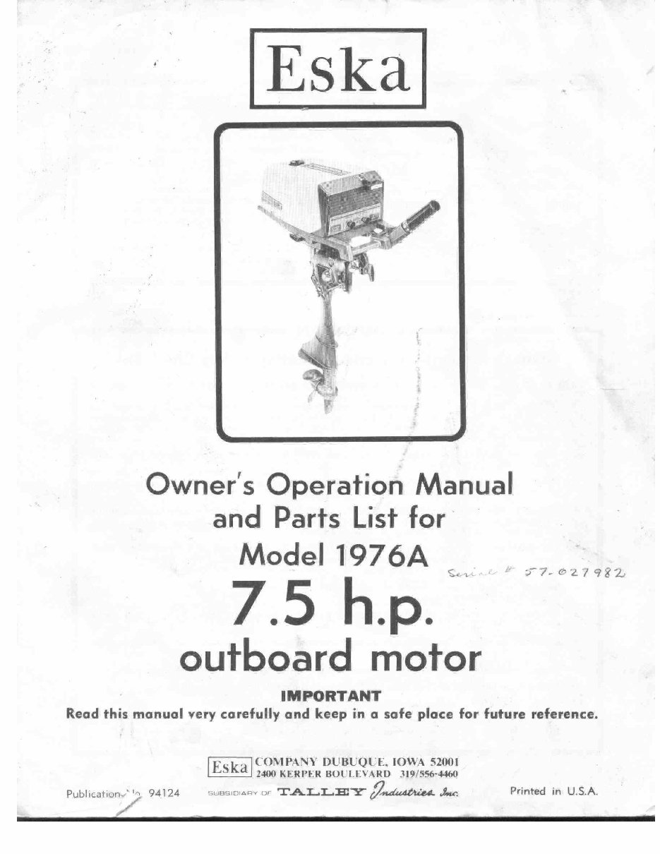 Eska outboard owners and parts manual 3 7.5 19711979