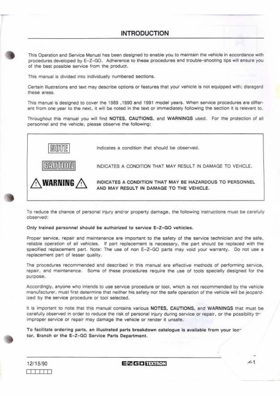 EZGO Gas Golf Cart Repair Service Manual 1989 1993