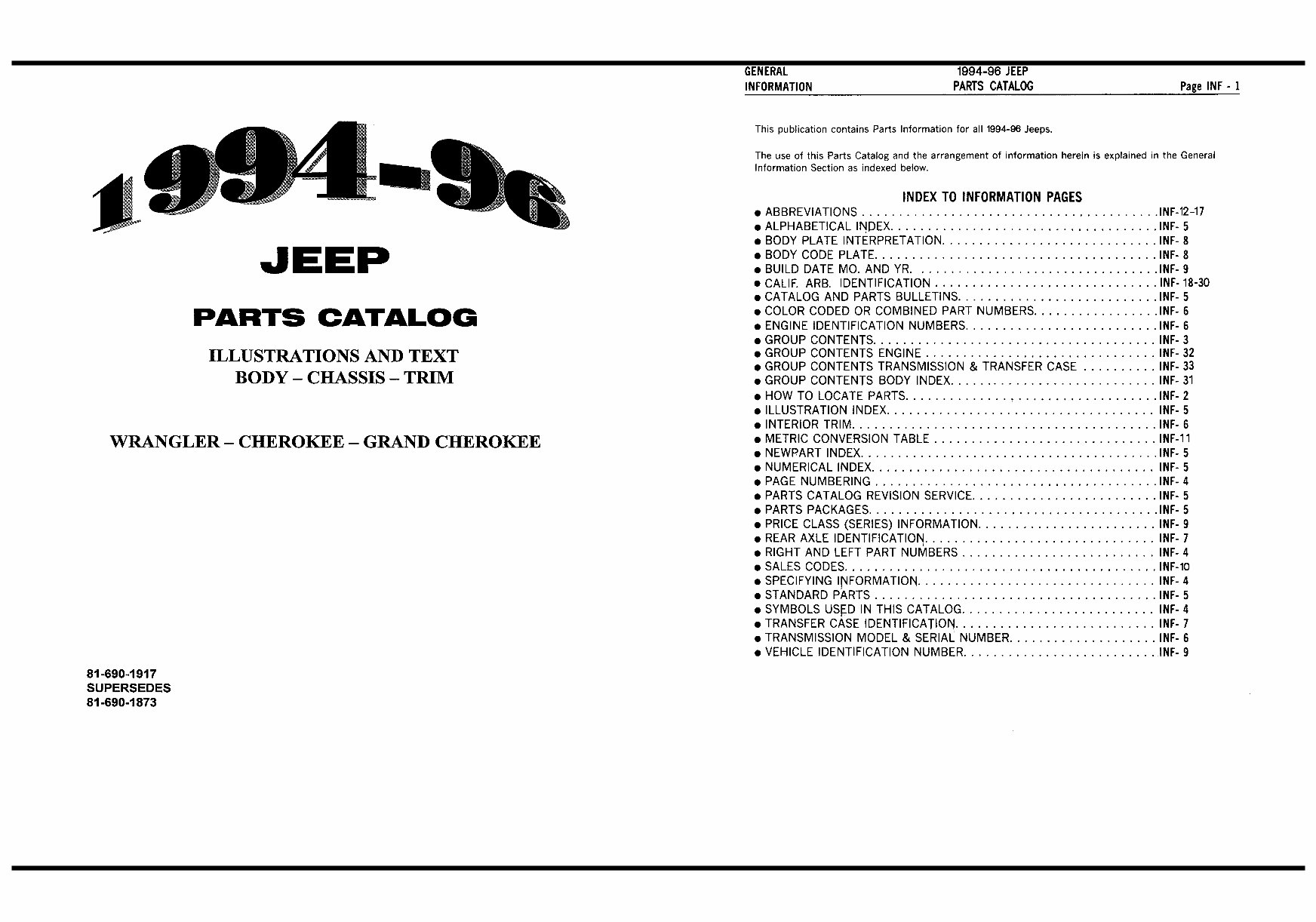 JEEP WRANGLER YJ Parts Manual Catalog 1994-1996