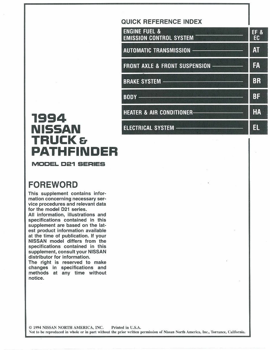 1994/1995 Nissan Truck/Pathfinder Service & Repair Manual Manuals Online